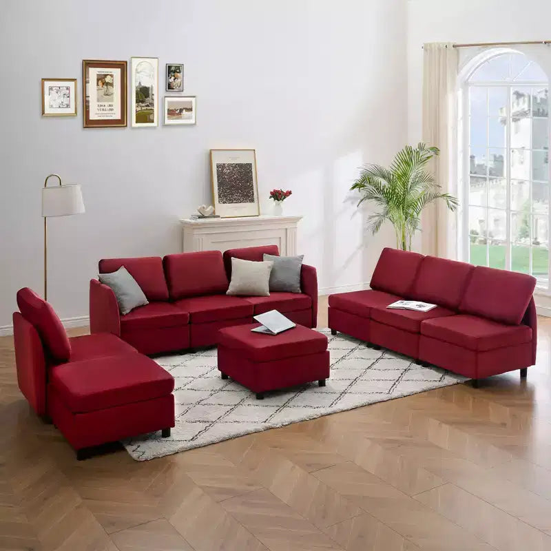 Divano letto modulare reversibile Whizmax a 9 posti in velluto con pouf contenitore e chaise longue - Rosso vino