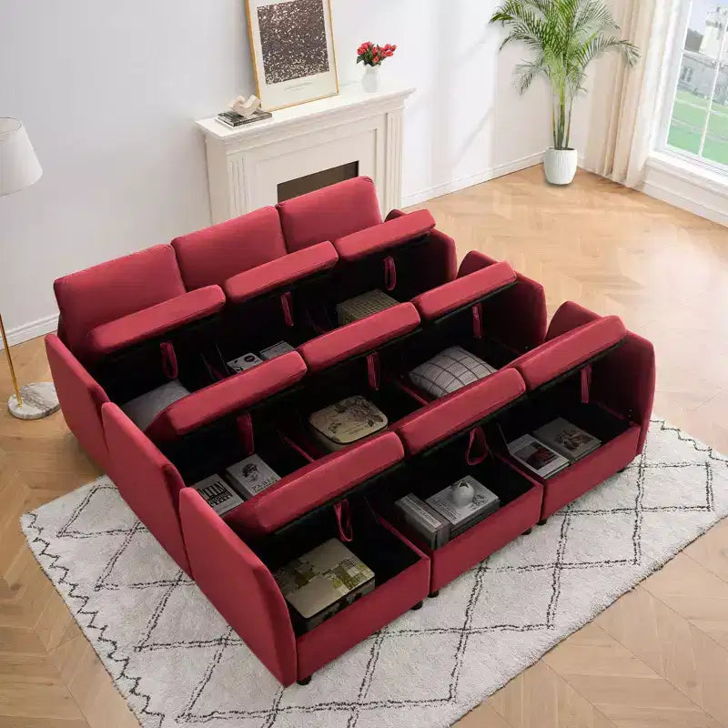 Divano letto modulare reversibile Whizmax a 9 posti in velluto con pouf contenitore e chaise longue - Rosso vino