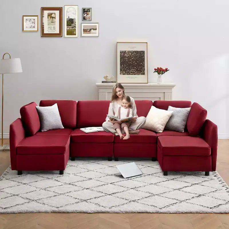 Divano letto modulare reversibile Whizmax a 9 posti in velluto con pouf contenitore e chaise longue - Rosso vino