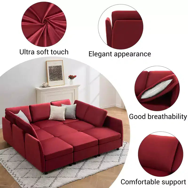 Divano letto modulare reversibile Whizmax a 9 posti in velluto con pouf contenitore e chaise longue - Rosso vino