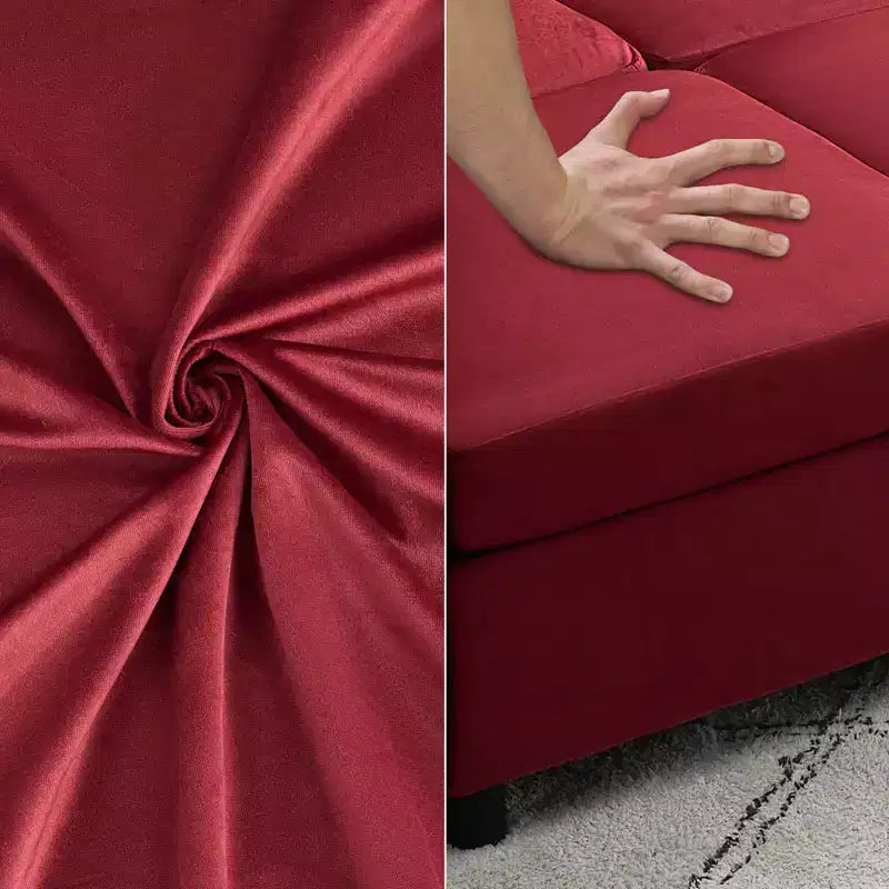 Divano letto modulare reversibile Whizmax a 9 posti in velluto con pouf contenitore e chaise longue - Rosso vino