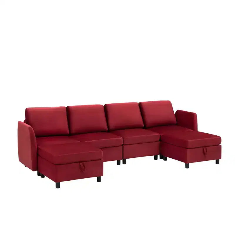 Divano letto modulare reversibile Whizmax a 9 posti in velluto con pouf contenitore e chaise longue - Rosso vino