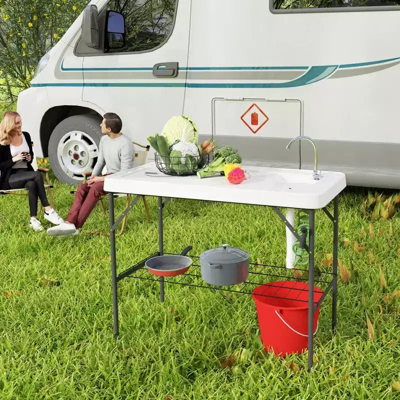Outsunny Tavolo Pieghevole per Pulizia Pesce con Lavello, Tavolo da Filettatura per Esterni per Picnic Spiaggia Patio