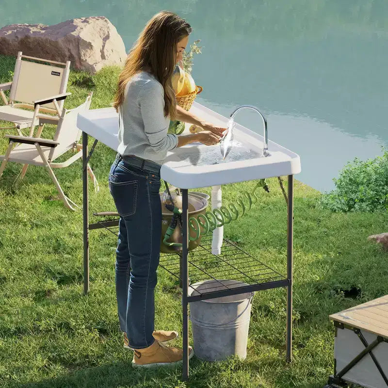 Outsunny Tavolo Pieghevole per Pulizia Pesce con Lavello, Tavolo da Filettatura per Esterni per Picnic Spiaggia Patio