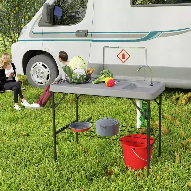 Outsunny Tavolo Pieghevole per Pulizia Pesce con Lavello, Tavolo da Filettatura per Esterni per Picnic Spiaggia Patio