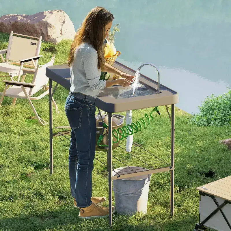Outsunny Tavolo Pieghevole per Pulizia Pesce con Lavello, Tavolo da Filettatura per Esterni per Picnic Spiaggia Patio
