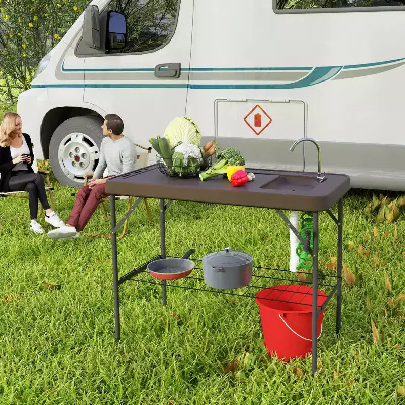 Outsunny Tavolo Pieghevole per Pulizia Pesce con Lavello, Tavolo da Filettatura per Esterni per Picnic Spiaggia Patio