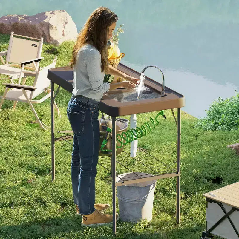 Outsunny Tavolo Pieghevole per Pulizia Pesce con Lavello, Tavolo da Filettatura per Esterni per Picnic Spiaggia Patio