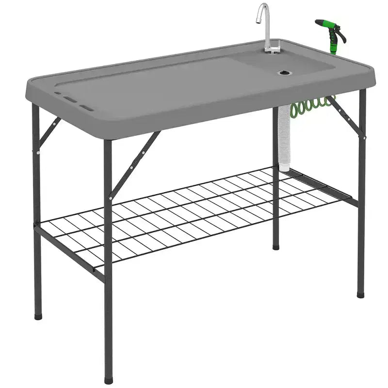 Outsunny Folding Fish Cleaning Table with Sink, Outdoor Fillet Table for Picnic Beach Patio