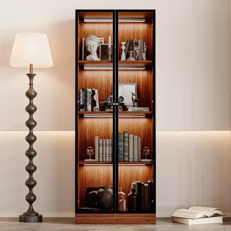 ATJafurn 23.6'' Vetrina Espositiva in Vetro Marrone con Mobile Bar e Dispensa, Credenza Moderna di Metà Secolo a 4 Ripiani in Legno con LED per Soggiorno