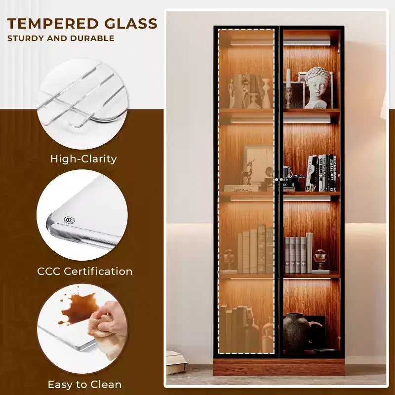ATJafurn 23.6'' Vetrina Espositiva in Vetro Marrone con Mobile Bar e Dispensa, Credenza Moderna di Metà Secolo a 4 Ripiani in Legno con LED per Soggiorno