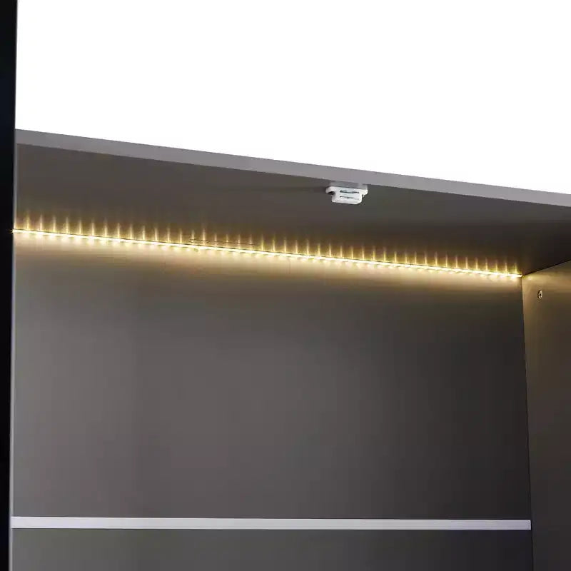 Vetrina illuminata, espositore a LED con ante in vetro temperato, 2 cassetti, ripiani regolabili, design moderno e minimalista, grigio