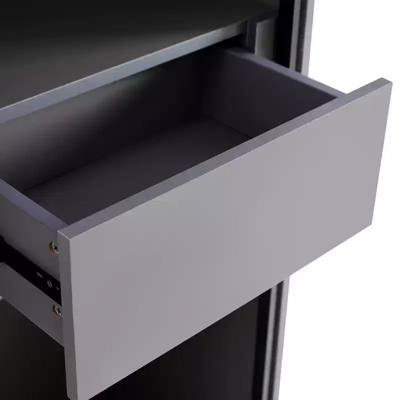 Vetrina illuminata, espositore a LED con ante in vetro temperato, 2 cassetti, ripiani regolabili, design moderno e minimalista, grigio