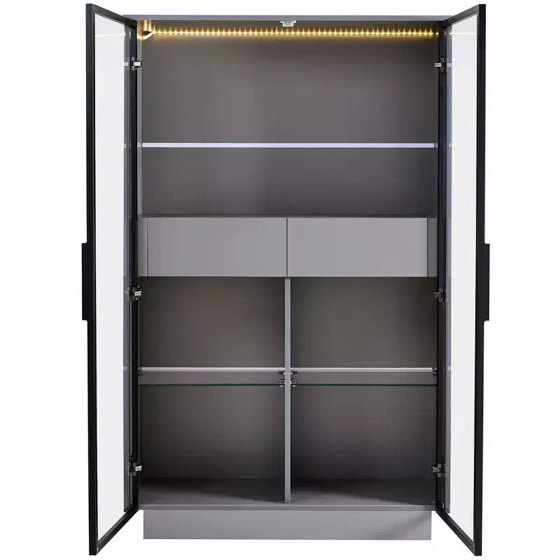 Vetrina illuminata, espositore a LED con ante in vetro temperato, 2 cassetti, ripiani regolabili, design moderno e minimalista, grigio