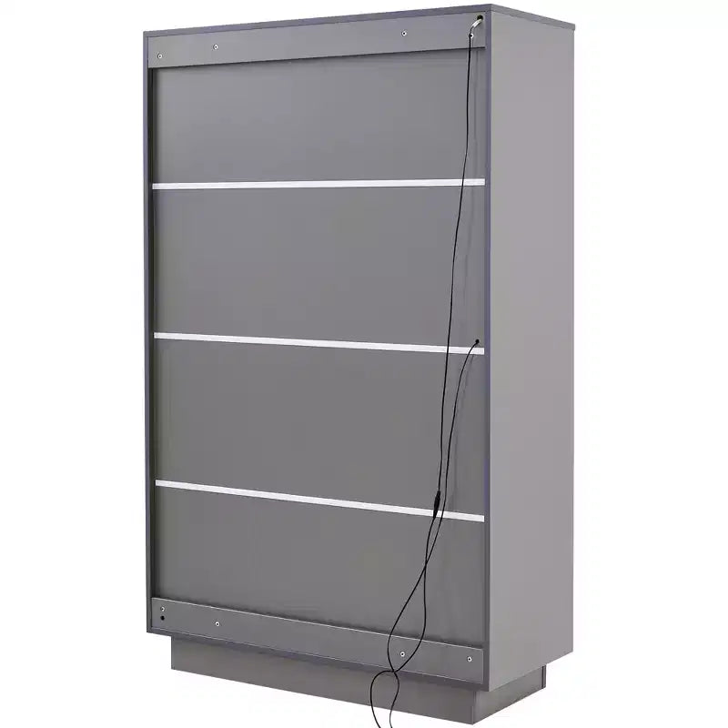 Vetrina illuminata, espositore a LED con ante in vetro temperato, 2 cassetti, ripiani regolabili, design moderno e minimalista, grigio