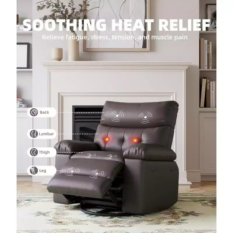 Poltrona Reclinabile con Calore e Massaggio, Girevole a 360° e Dondolio Manuale, Design Ergonomico con Telecomando e Portabicchieri per Soggiorno