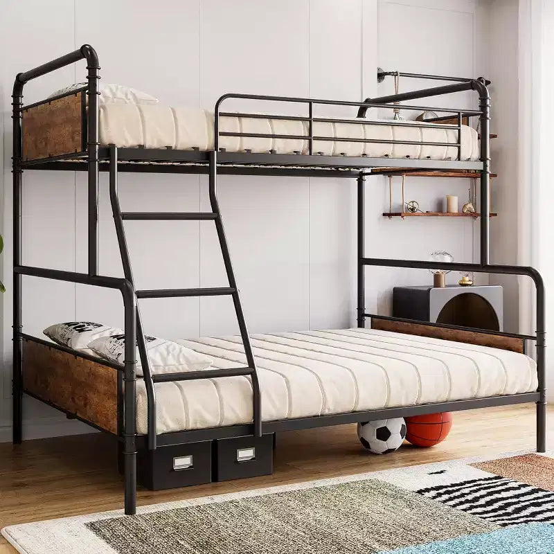 Metal Bunk Beds Twin Over Full Size with Angled Ladder and Safety Guardrails, Space Saving, Sturdy, Convertible Metal Bunk Beds