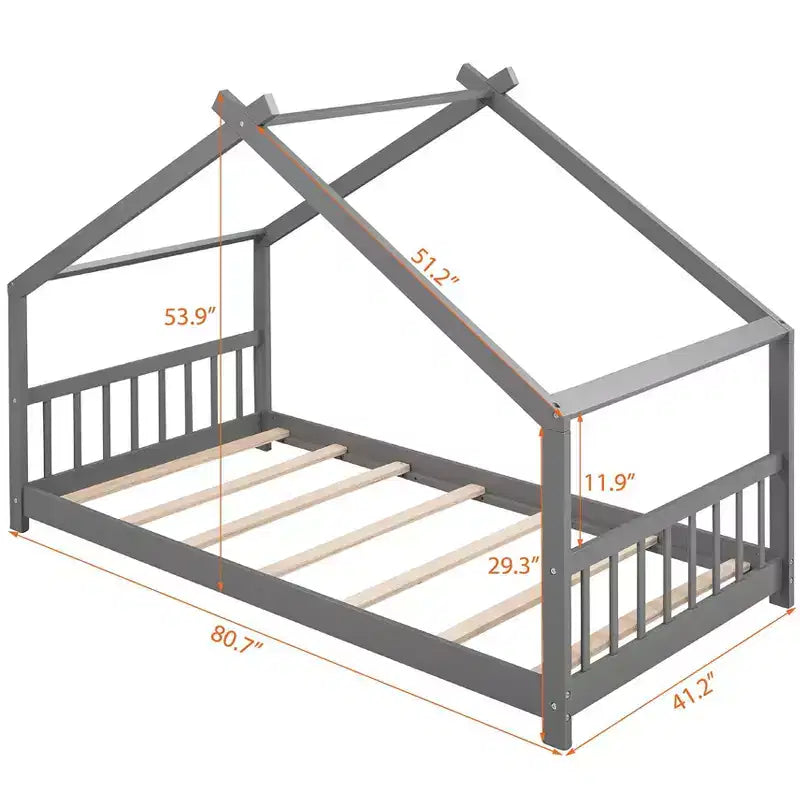 CLIHOME Lettino a forma di casetta per bambini in legno di pino con recinzione, modello Twin Size