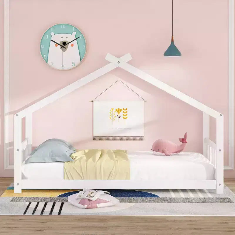 CLIHOME Lettino a forma di casetta per bambini in legno di pino con recinzione, modello Twin Size