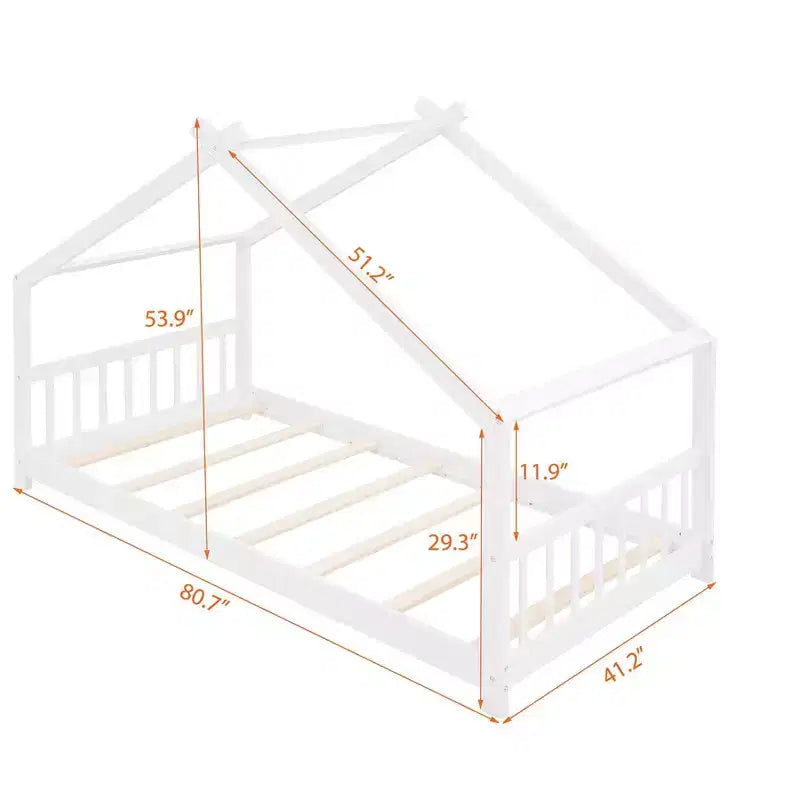 CLIHOME Lettino a forma di casetta per bambini in legno di pino con recinzione, modello Twin Size