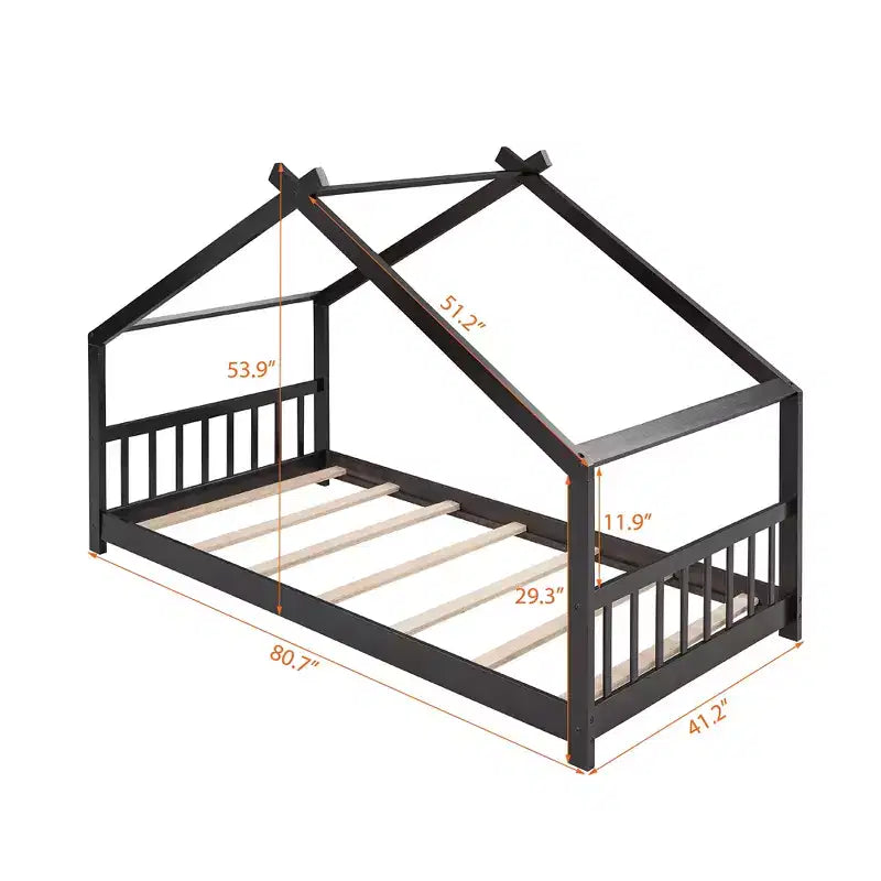 CLIHOME Lettino a forma di casetta per bambini in legno di pino con recinzione, modello Twin Size