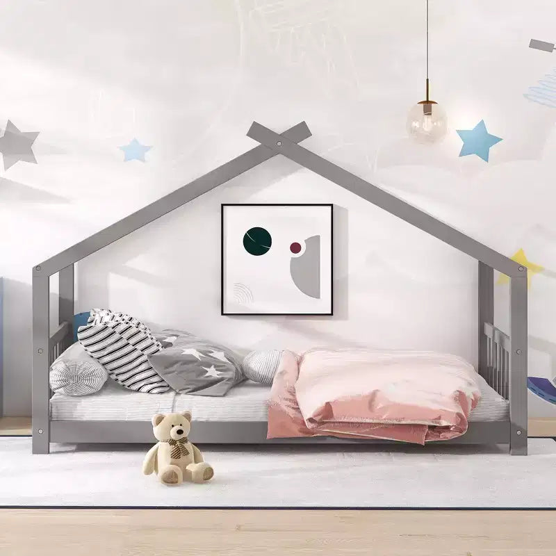 CLIHOME Lettino a forma di casetta per bambini in legno di pino con recinzione, modello Twin Size