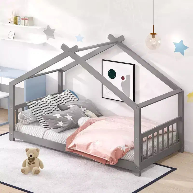 CLIHOME Lettino a forma di casetta per bambini in legno di pino con recinzione, modello Twin Size