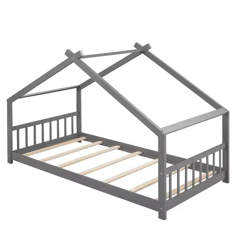 CLIHOME Lettino a forma di casetta per bambini in legno di pino con recinzione, modello Twin Size