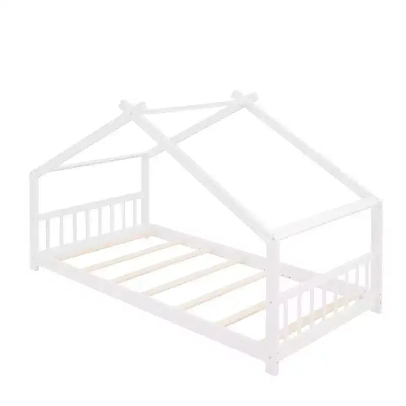CLIHOME Lettino a forma di casetta per bambini in legno di pino con recinzione, modello Twin Size