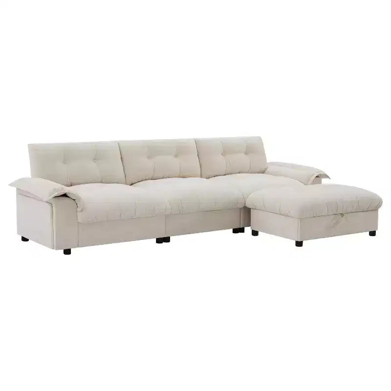 Divano Moderno a L, Divano Cloud Imbottito con Porte di Ricarica, Portabicchieri, Tasche Laterali e Pouf Contenitore Mobile