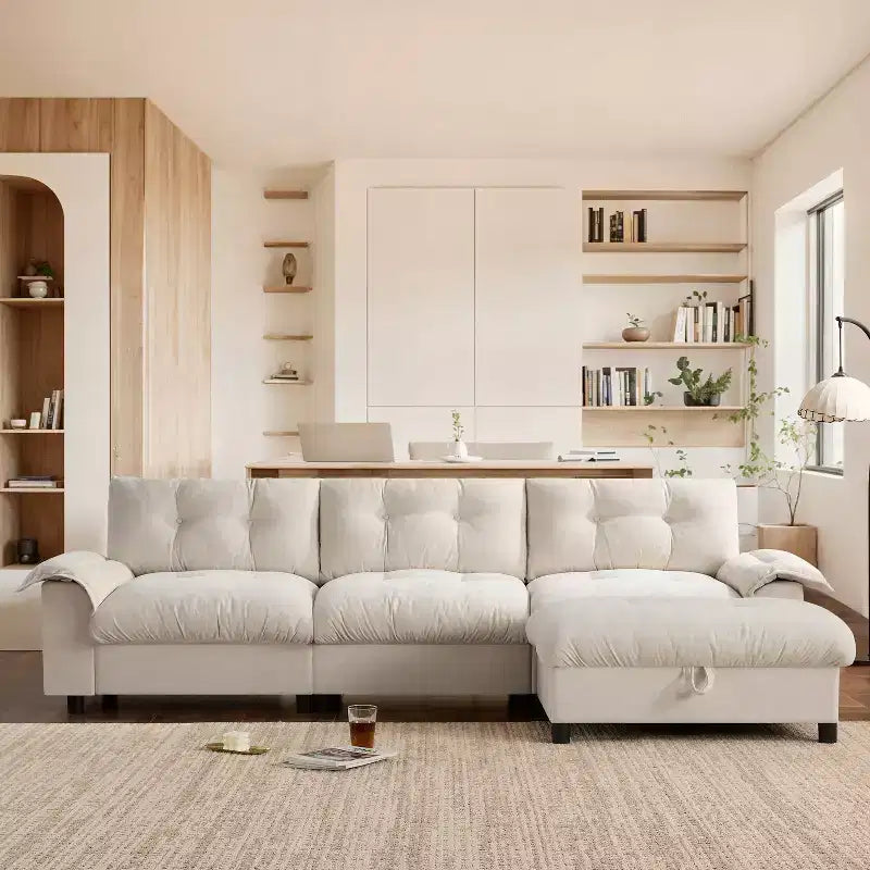 Divano Moderno a L, Divano Cloud Imbottito con Porte di Ricarica, Portabicchieri, Tasche Laterali e Pouf Contenitore Mobile