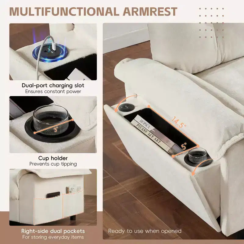 Divano Moderno a L, Divano Cloud Imbottito con Porte di Ricarica, Portabicchieri, Tasche Laterali e Pouf Contenitore Mobile