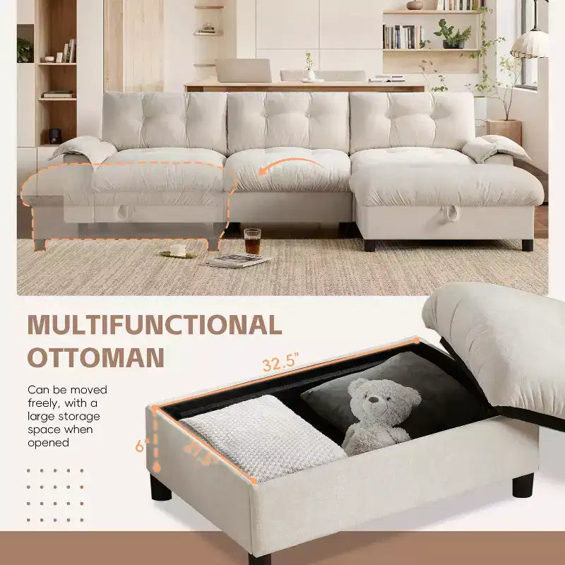 Divano Moderno a L, Divano Cloud Imbottito con Porte di Ricarica, Portabicchieri, Tasche Laterali e Pouf Contenitore Mobile