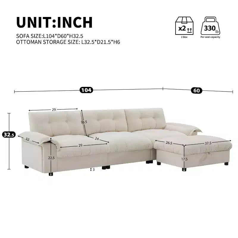 Divano Moderno a L, Divano Cloud Imbottito con Porte di Ricarica, Portabicchieri, Tasche Laterali e Pouf Contenitore Mobile