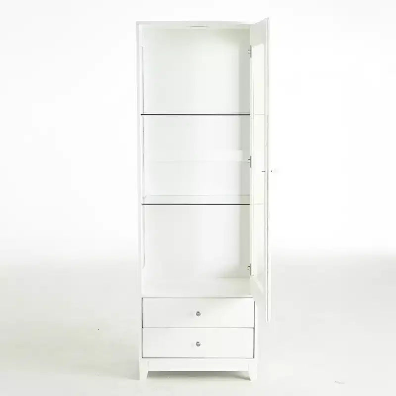Vetrinetta in vetro indipendente con 2 cassetti, luci LED e ripiani regolabili, libreria imbottita per dispensa, bianca