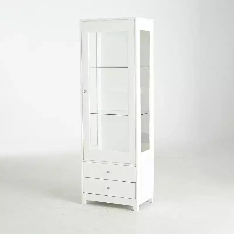Vetrinetta in vetro indipendente con 2 cassetti, luci LED e ripiani regolabili, libreria imbottita per dispensa, bianca