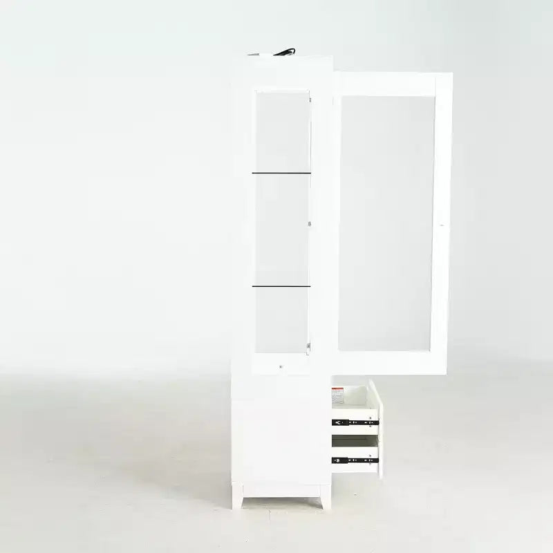 Vetrinetta in vetro indipendente con 2 cassetti, luci LED e ripiani regolabili, libreria imbottita per dispensa, bianca