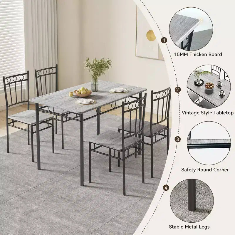 Tavolo da pranzo per 4, set da 5 pezzi con tavolo rettangolare e sedie per spazi ridotti, tinello, appartamento