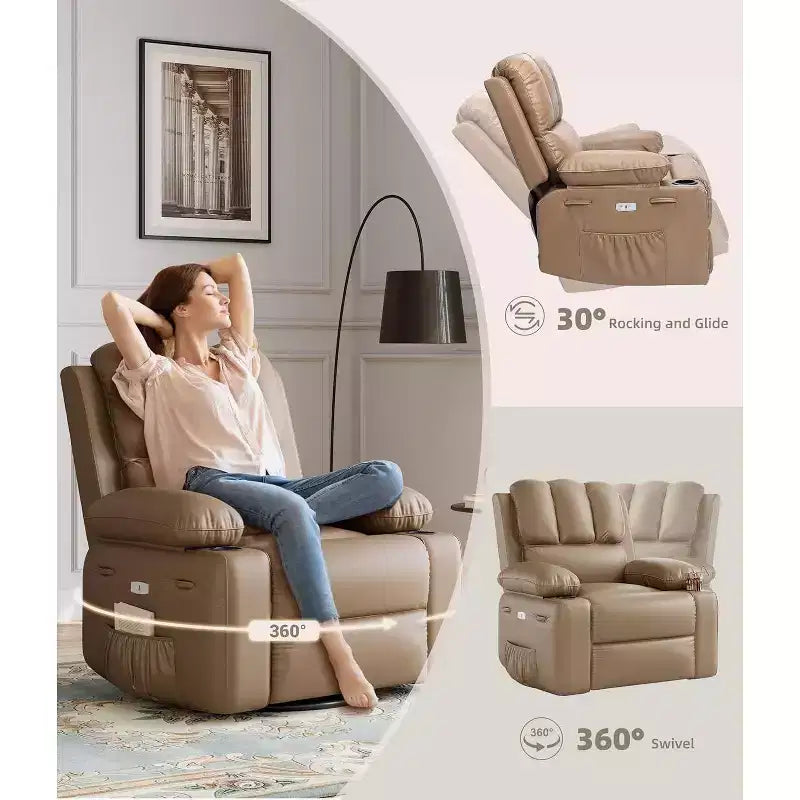 Divano reclinabile elettrico con funzione massaggio e riscaldamento, poltrona girevole a dondolo, porta USB, portabicchieri, tasche laterali, seduta extra-large, soggiorno