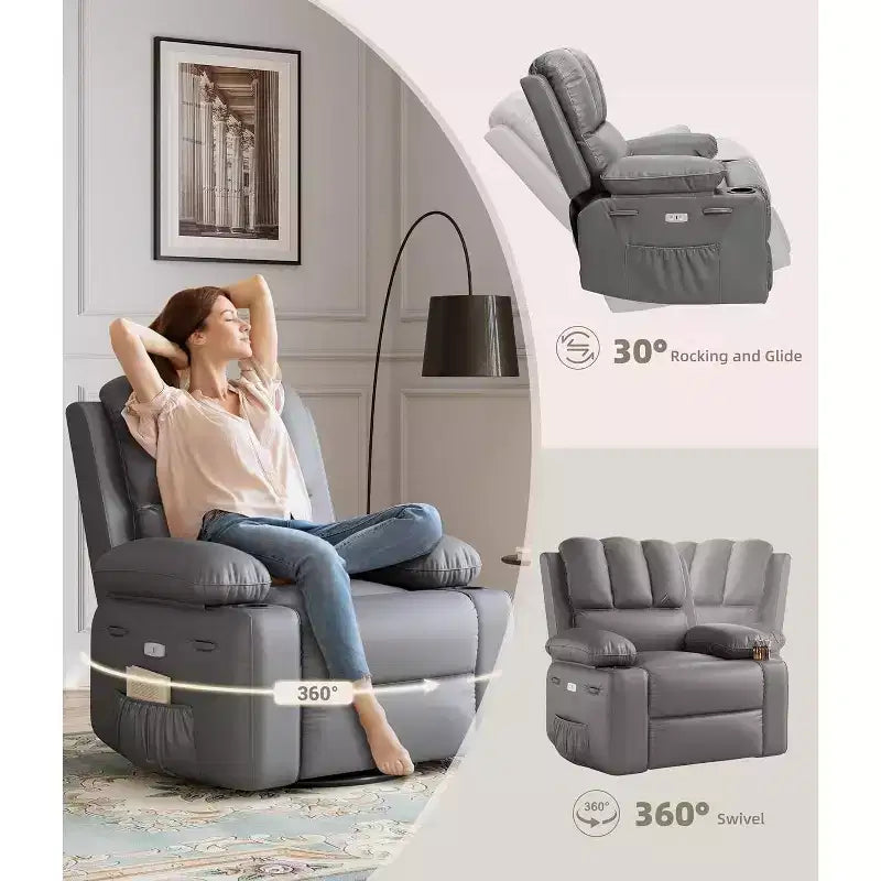 Divano reclinabile elettrico con funzione massaggio e riscaldamento, poltrona girevole a dondolo, porta USB, portabicchieri, tasche laterali, seduta extra-large, soggiorno