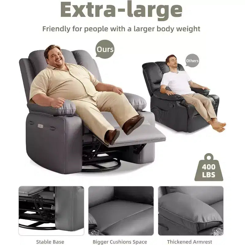 Divano reclinabile elettrico con funzione massaggio e riscaldamento, poltrona girevole a dondolo, porta USB, portabicchieri, tasche laterali, seduta extra-large, soggiorno