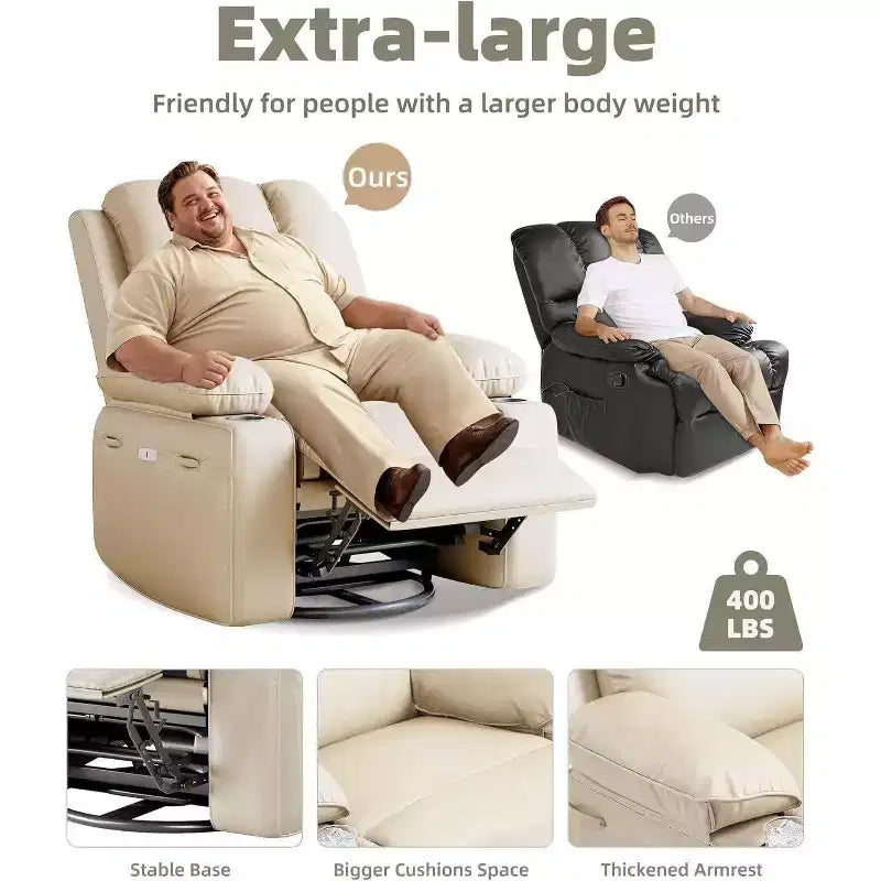 Divano reclinabile elettrico con funzione massaggio e riscaldamento, poltrona girevole a dondolo, porta USB, portabicchieri, tasche laterali, seduta extra-large, soggiorno
