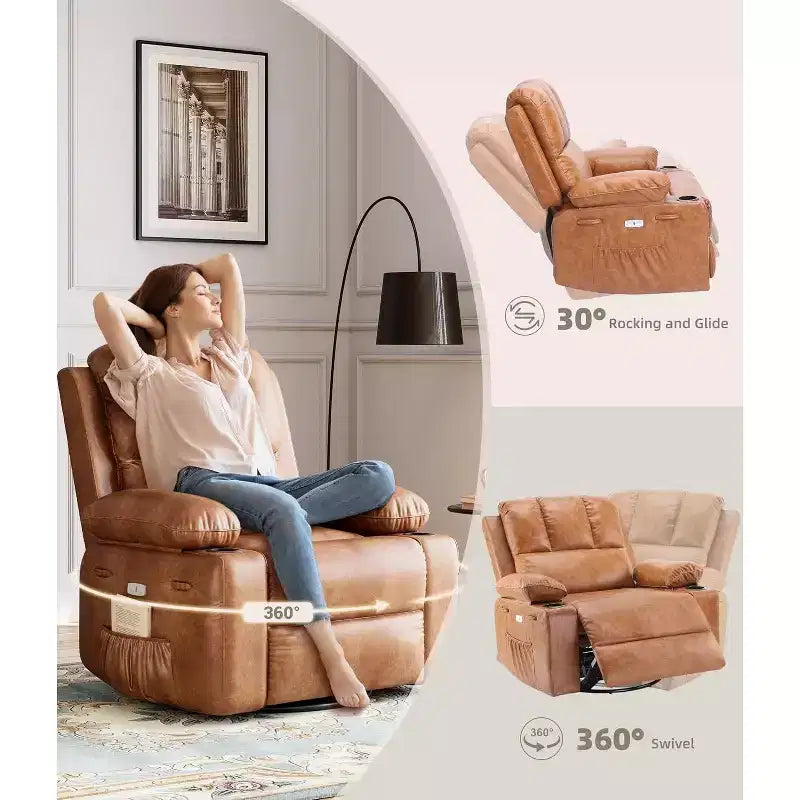 Divano reclinabile elettrico con funzione massaggio e riscaldamento, poltrona girevole a dondolo, porta USB, portabicchieri, tasche laterali, seduta extra-large, soggiorno