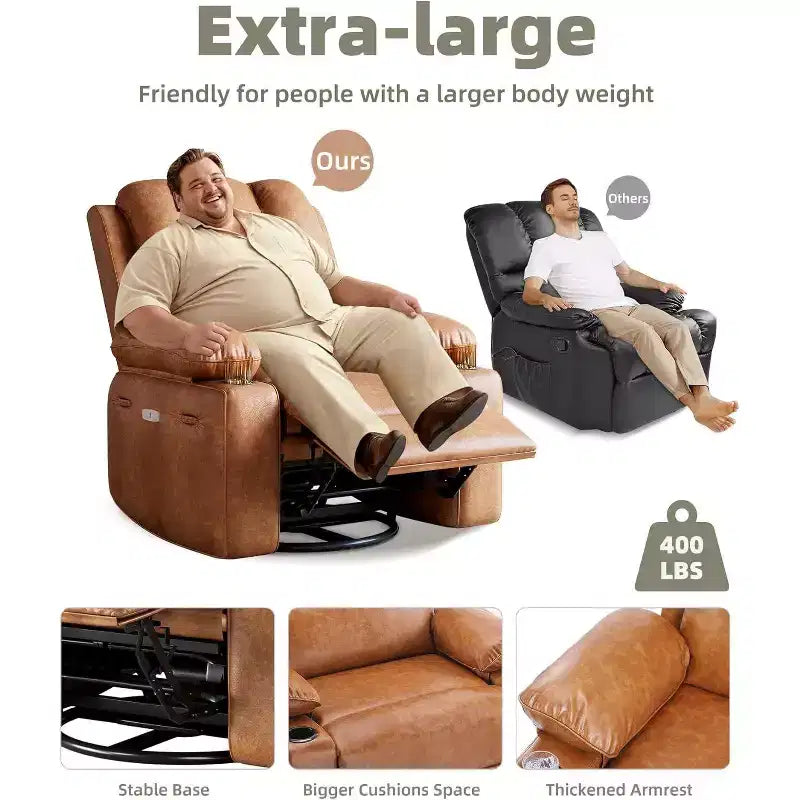 Divano reclinabile elettrico con funzione massaggio e riscaldamento, poltrona girevole a dondolo, porta USB, portabicchieri, tasche laterali, seduta extra-large, soggiorno