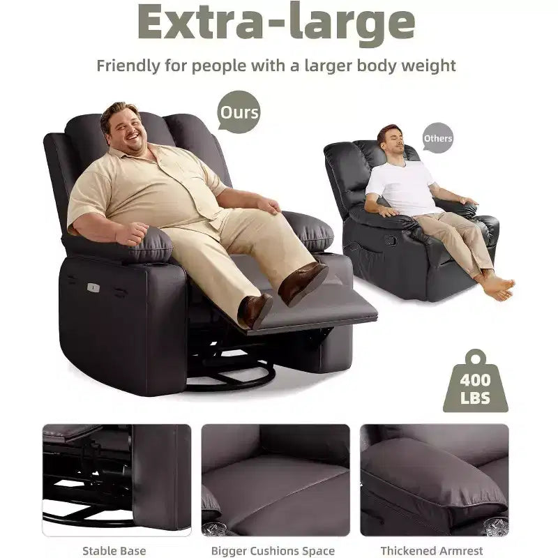 Divano reclinabile elettrico con funzione massaggio e riscaldamento, poltrona girevole a dondolo, porta USB, portabicchieri, tasche laterali, seduta extra-large, soggiorno