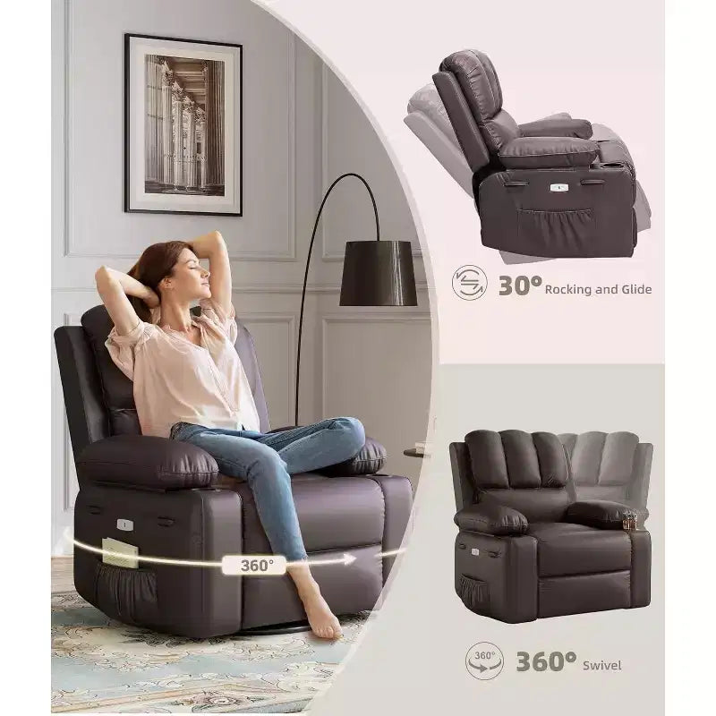 Divano reclinabile elettrico con funzione massaggio e riscaldamento, poltrona girevole a dondolo, porta USB, portabicchieri, tasche laterali, seduta extra-large, soggiorno