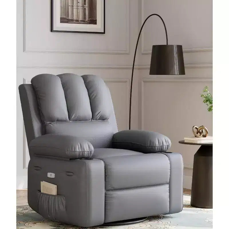 Divano reclinabile elettrico con funzione massaggio e riscaldamento, poltrona girevole a dondolo, porta USB, portabicchieri, tasche laterali, seduta extra-large, soggiorno