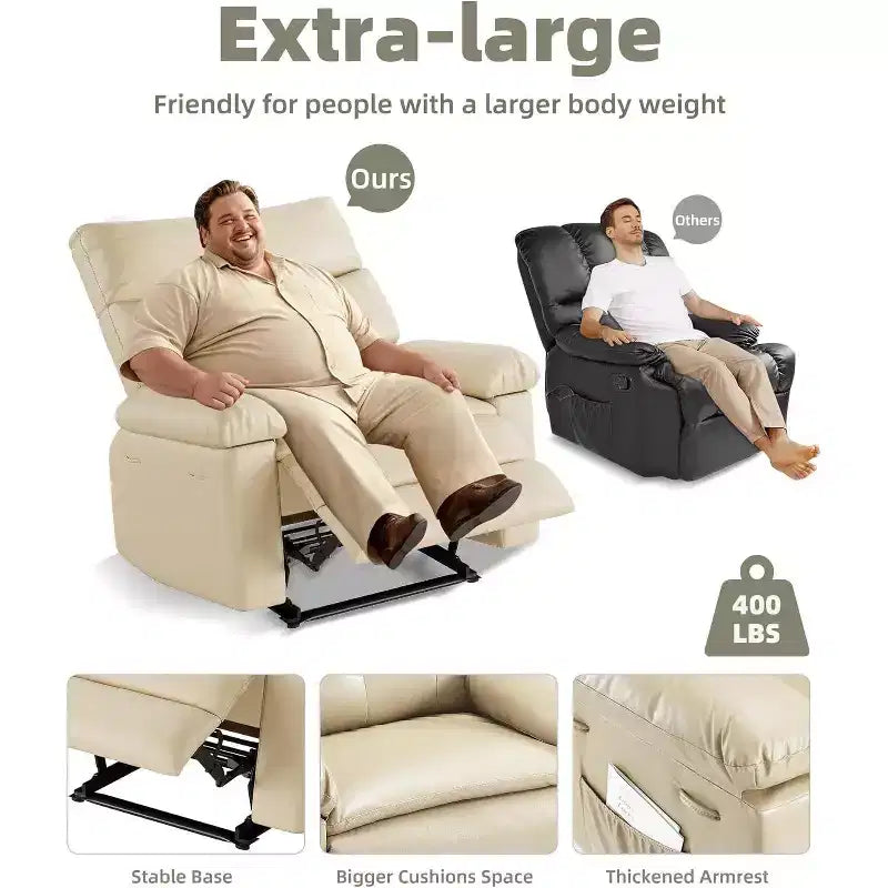 Poltrona reclinabile manuale oversize, poltrona in similpelle con cuscino spesso per soggiorno e camera da letto, comfort spazioso e pigro