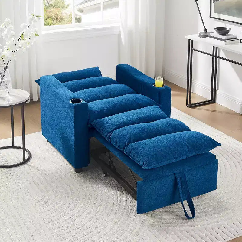 Divano letto singolo convertibile 3-in-1 con chaise longue imbottita, poltrona accent, divano letto a scomparsa con schienale regolabile e portabicchieri