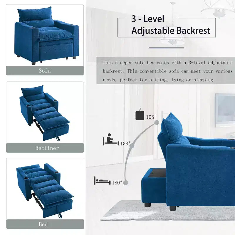 Divano letto singolo convertibile 3-in-1 con chaise longue imbottita, poltrona accent, divano letto a scomparsa con schienale regolabile e portabicchieri